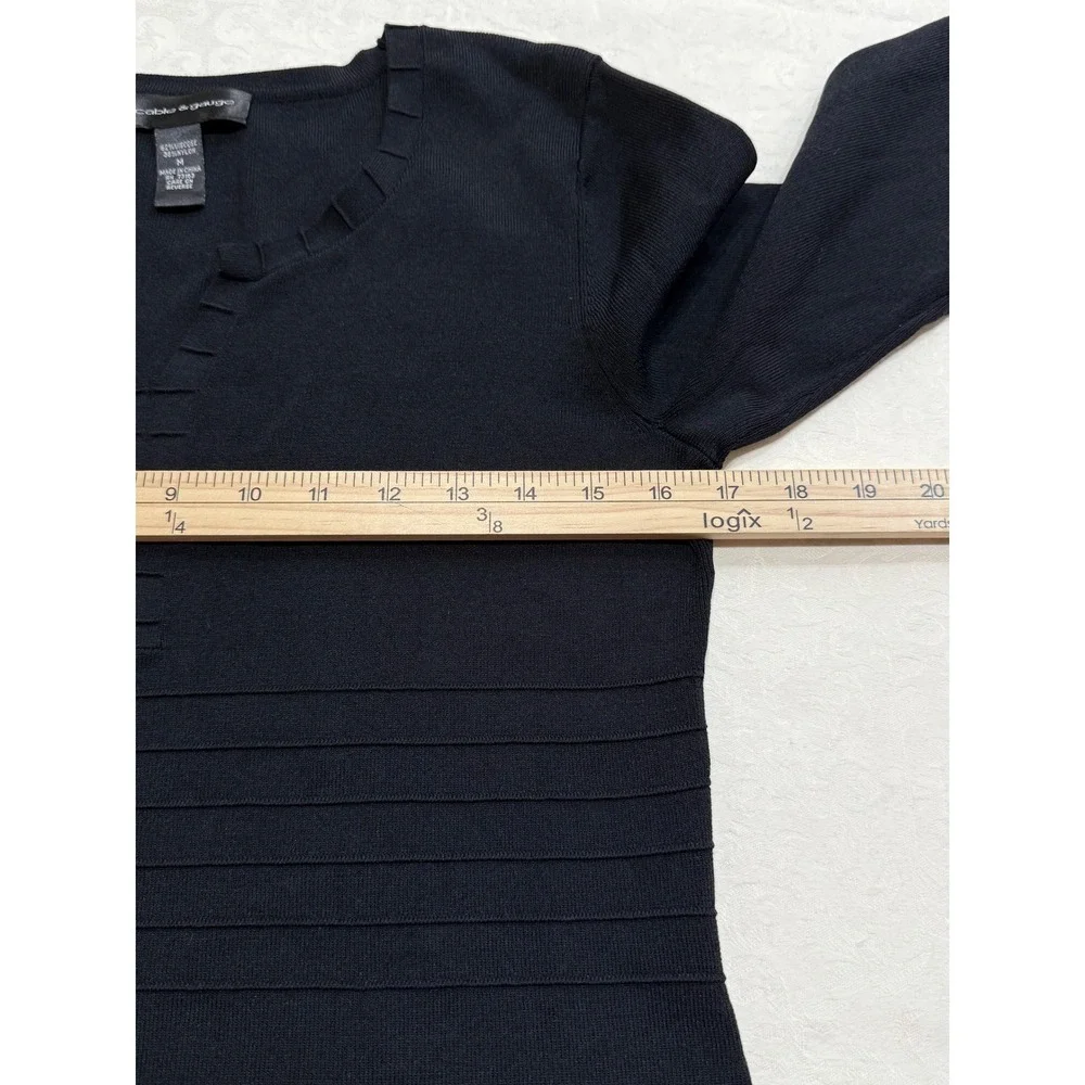 Cable & Gauge Knit Top Women‎ M Black V-Neck 3/4 Sleeve Ribbed Detail Capsule